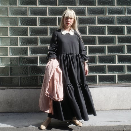 herringbone tiered dress - charcoal black