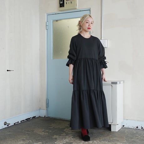 herringbone tiered dress - charcoal black