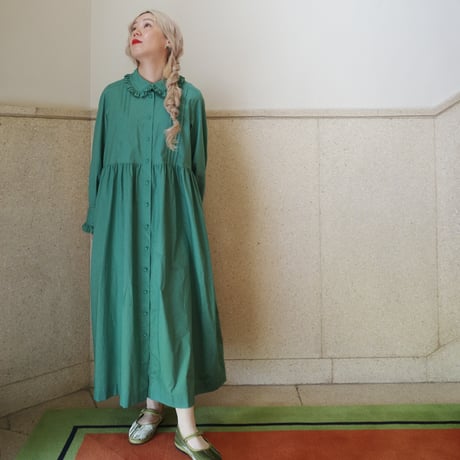 GO GO VINTAGE! TUCK FRILL DRESS -GREEN