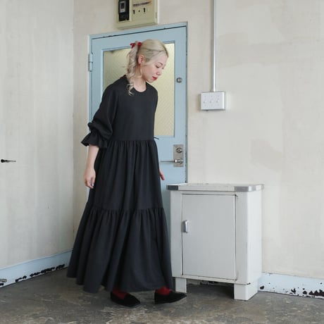 herringbone tiered dress - charcoal black