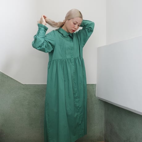 GO GO VINTAGE! TUCK FRILL DRESS -GREEN