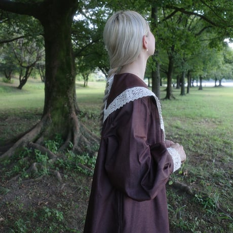 "walk happily" lace collar dress - brown
