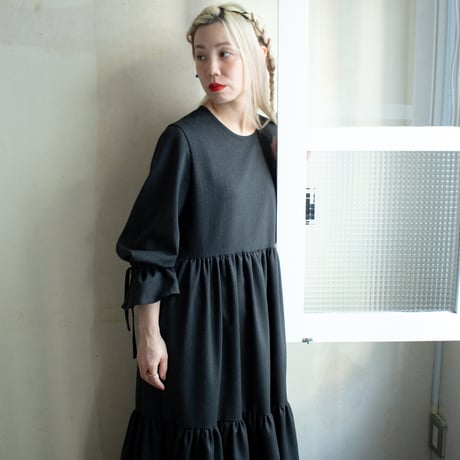 herringbone tiered dress - charcoal black
