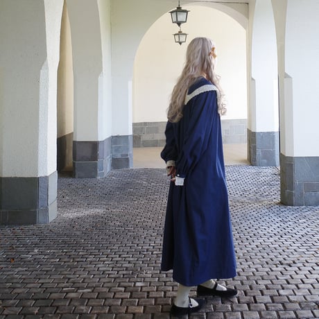 "walk happily" lace collar dress - navy