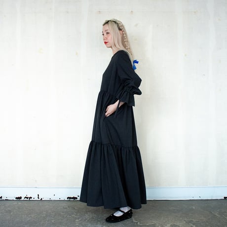 herringbone tiered dress - charcoal black