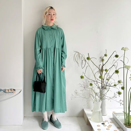 GO GO VINTAGE! TUCK FRILL DRESS -GREEN