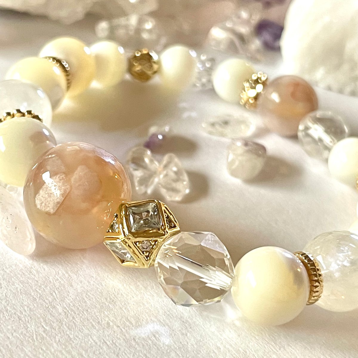 天珠ラリマー×マザーオブパールと水晶のデザインブレス　　おまけ付 桜瑪瑙 マザーオブパール 水晶「春の星輝く」パワーストーン