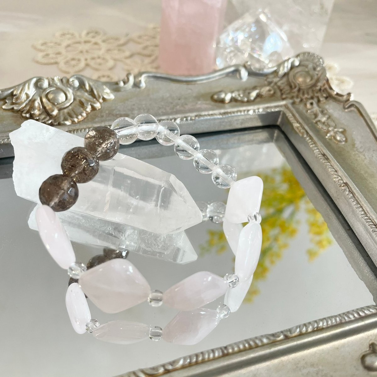 ブレスレット ローズクォーツ・水晶・クラックスモーキークォーツ
