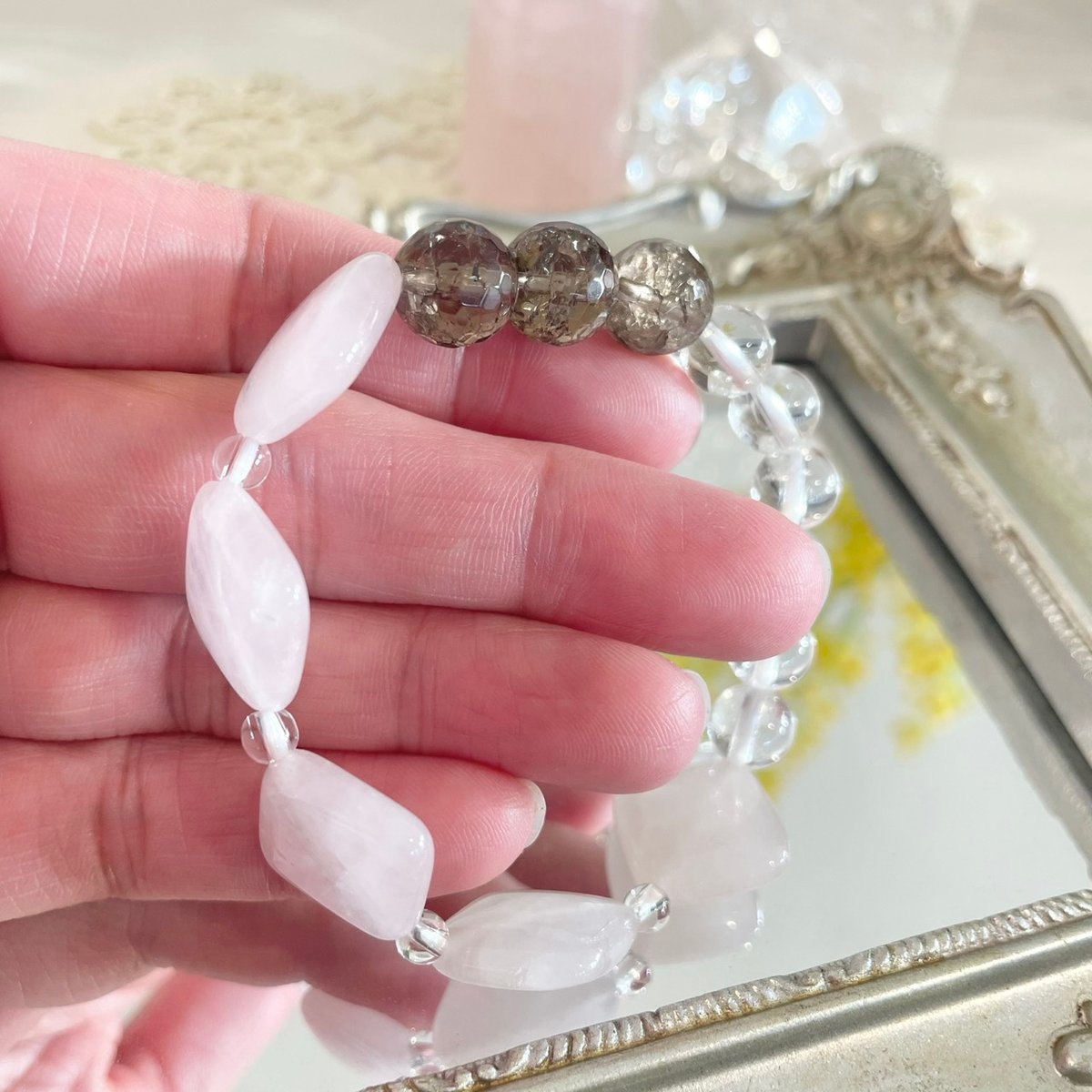 ブレスレット ローズクォーツ・水晶・クラックスモーキークォーツ