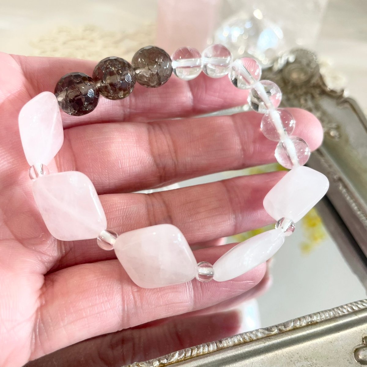 ブレスレット ローズクォーツ・水晶・クラックスモーキークォーツ