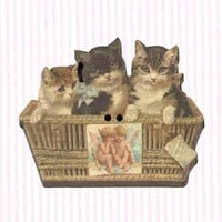 フランス製　木製ボタン【猫とカゴ】