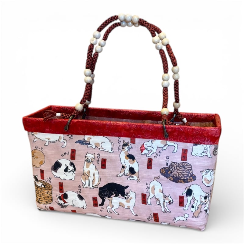 受注生産】Little 4cats_w 一閑張りかごバッグ 猫飼好五十三疋 | 泥猫