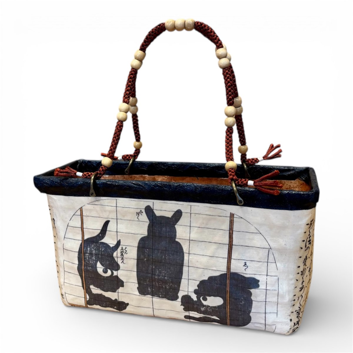 受注生産】Little 4cats_w 一閑張りかごバッグ 絵鏡台 合かが身団扇