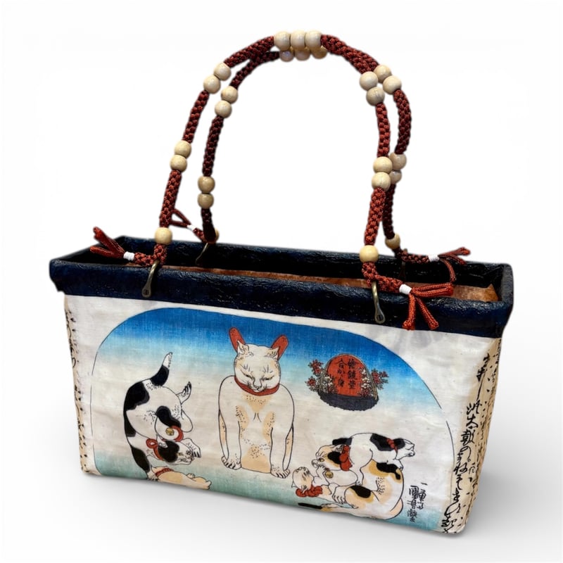 受注生産】Little 4cats_w 一閑張りかごバッグ 絵鏡台 合かが身団扇