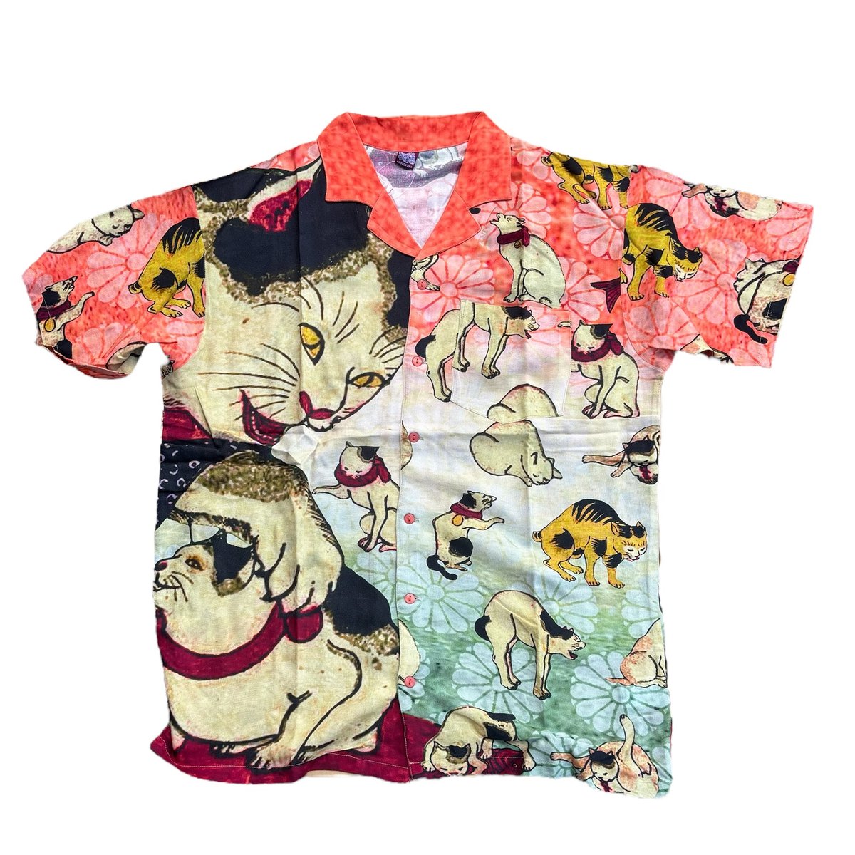 karaku] 明治時代の猫 総柄 浮世絵風アロハシャツ 通気性 快適
