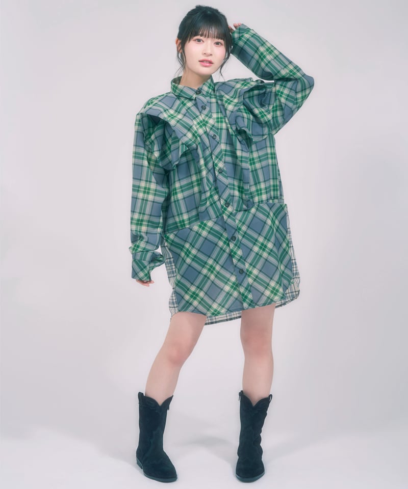 チェックフリルワンピース / LL25OP03 GREEN | lattelatte