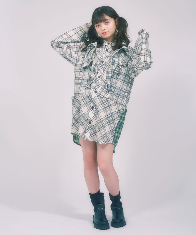 チェックフリルワンピース / LL25OP03 GREEN | lattelatte