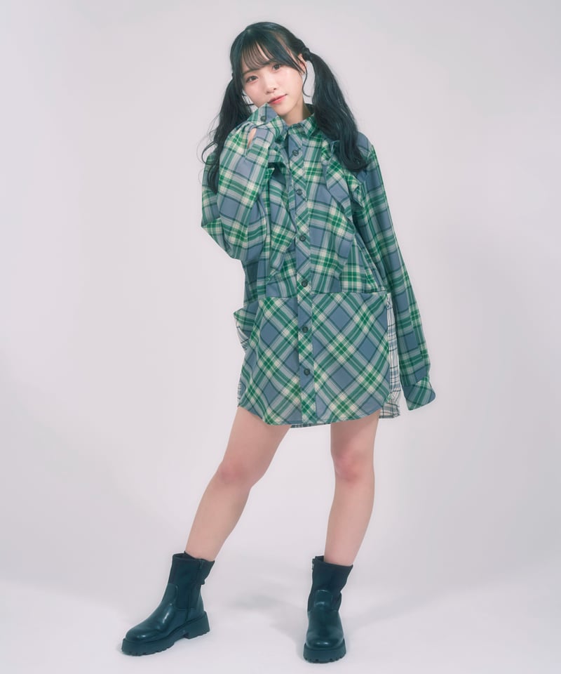 美品 45R umii908 フリル チェック ワンピース(3) チェックフリルワンピース / LL25OP03 GREEN | lattelatte