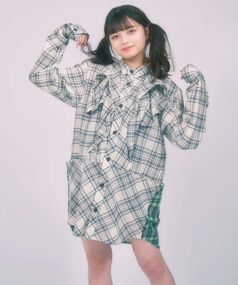 チェックフリルワンピース / LL25OP03 GREEN | lattelatte