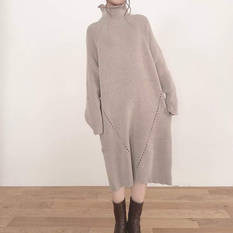 sh1646. 45R アイボリー ハイネックニットワンピース ウールハイネック ハイネックIラインニットワンピース