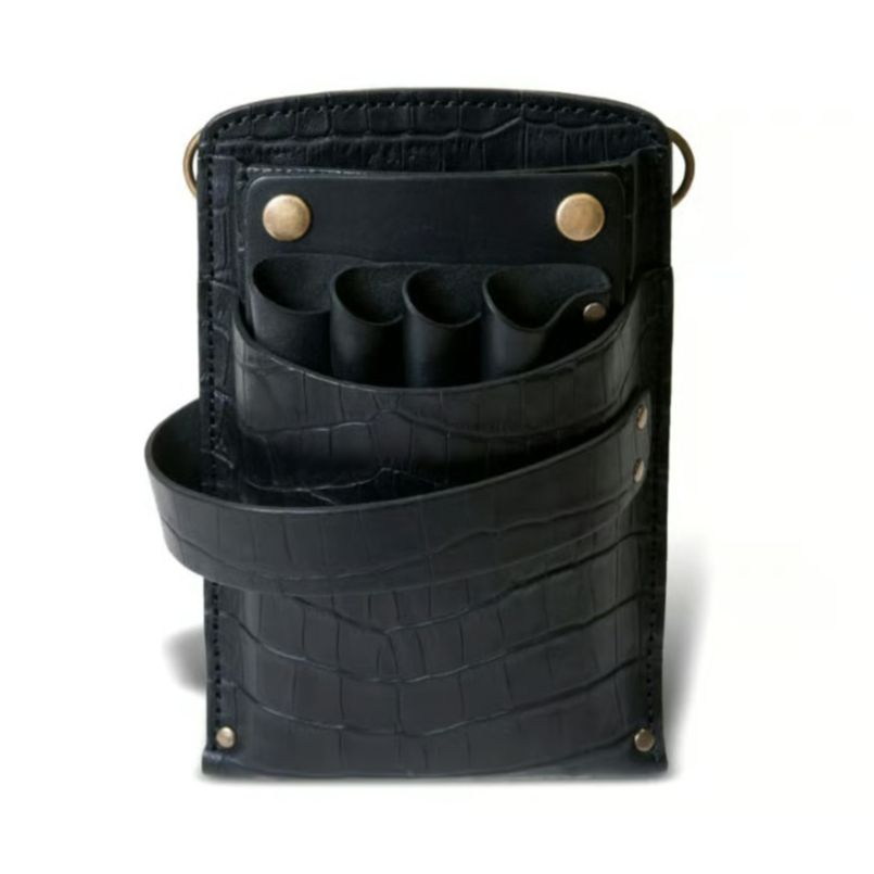 poyon♡+*;º。. 牛革ブラック、蝶型押しブラックの蓋付シザーケース PSCシザーケース｜4丁挿し｜エンボス・クロコ｜限定ブラック｜PS-401-4