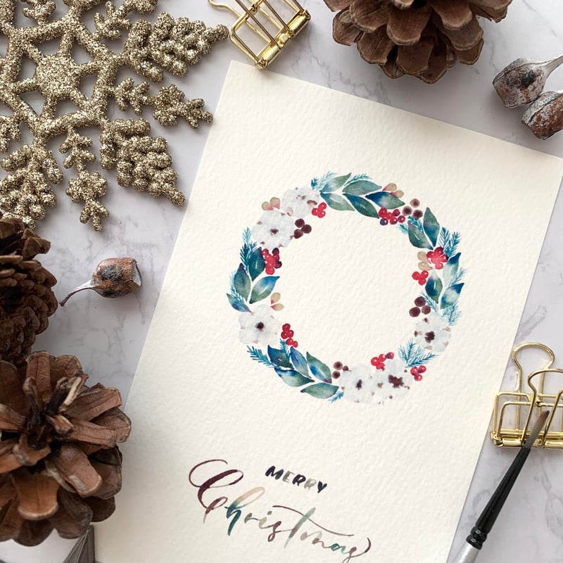 上品な 水彩クリスマスリース art lettering natsuki | ポストカード 絵画