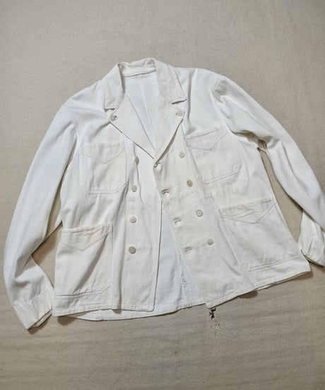 1940s French double breasted white moleskin work jacket