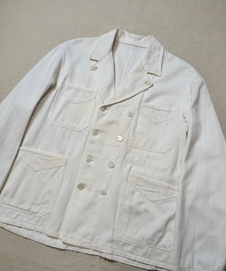 1940s French double breasted white moleskin work jacket