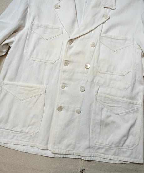 1940s French double breasted white moleskin work jacket