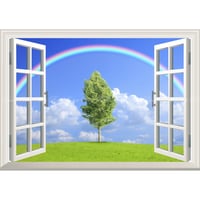 絵画風 壁紙ポスター (はがせるシール式) -窓の景色- 虹と空と雲と緑のハーモニー【窓仕様／トリックアート】 キャラクロ SRBW-003MA1 (A1版 830mm×585mm)