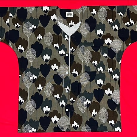 059 岡山 桃太郎 鯉口シャツ サイズ XL（特大）麻綿生地 お花柄 フラワー ブラウン グレー