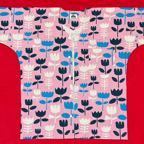 051 岡山 桃太郎 鯉口シャツ サイズ XL（特大）綿麻 キャンバス 北欧風フラワー 花柄 チューリップ ピンク