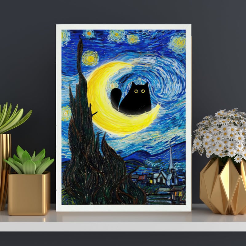 サラデママ 黒猫 油絵風 アート ポスター ゴッホ風 A4サイズ 21×30cm