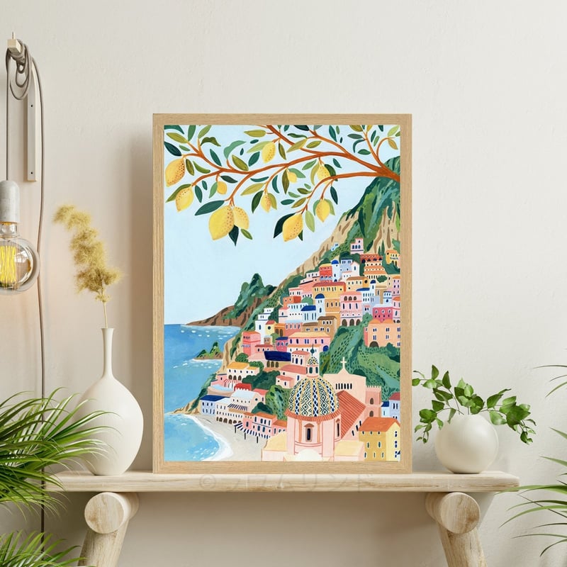サラデママ イタリア アマルフィ 海岸 風景 イラスト アート ポスター