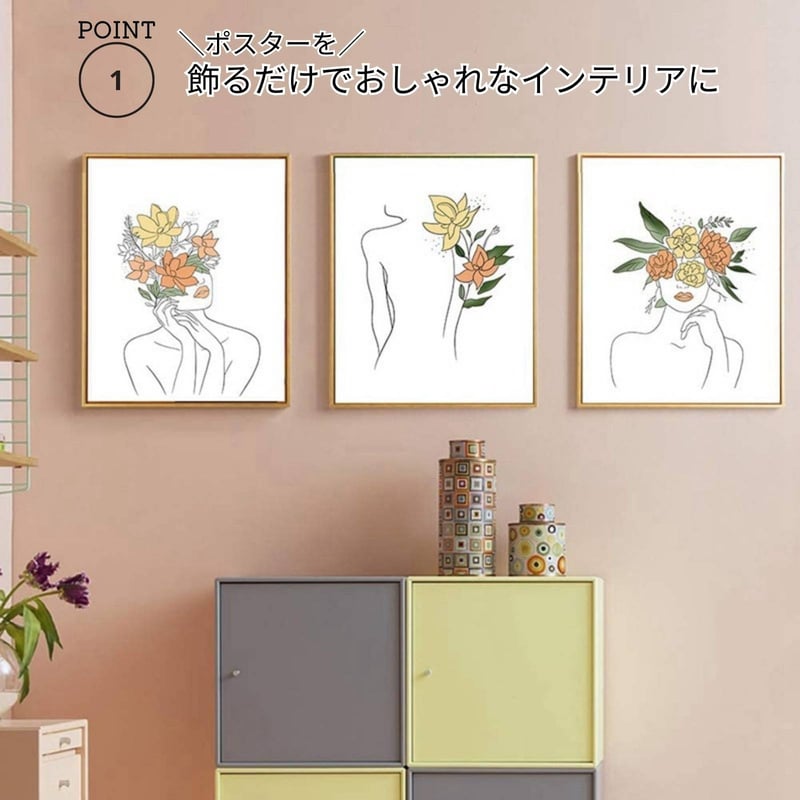 アート ポスター 21×30cm フレームなし 線画 人物 花 植物 フラワー
