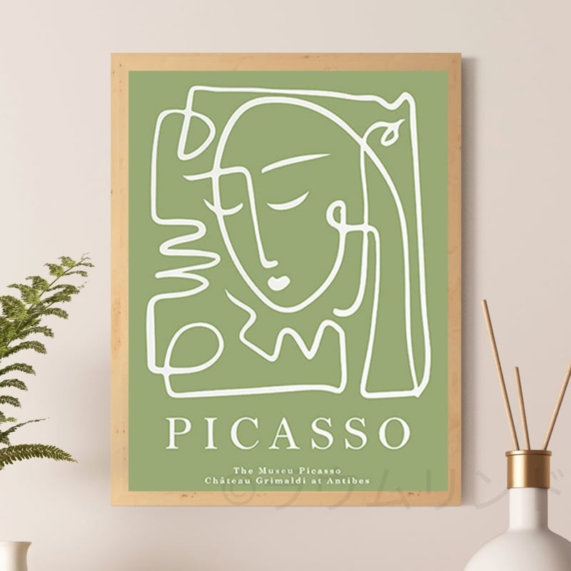 サラデママ ピカソ 人物 線画 グリーン モダン アート ポスター A4