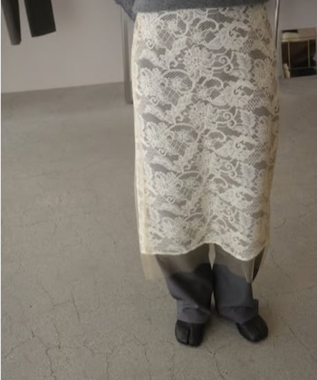 スカート marge tokyo 26ss Lace layered skirt Velours & lace midi skirt (khaki) - MARGE Online Shop