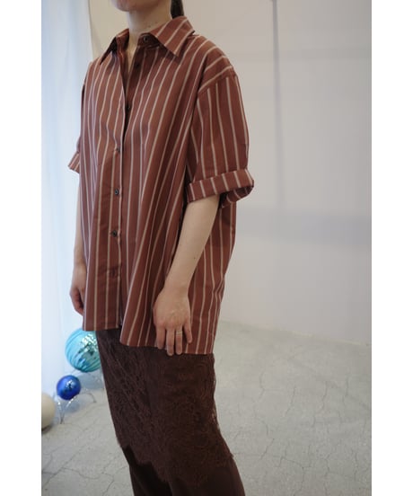 Ernie Palo "Silk Cotton Stripe Half Sleeve Shirt" Brown 38