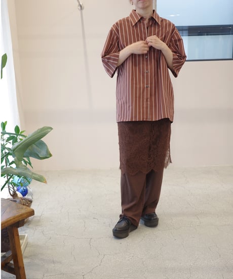 Ernie Palo "Silk Cotton Stripe Half Sleeve Shirt" Brown 38