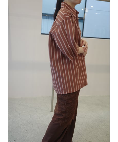 Ernie Palo "Silk Cotton Stripe Half Sleeve Shirt" Brown 38