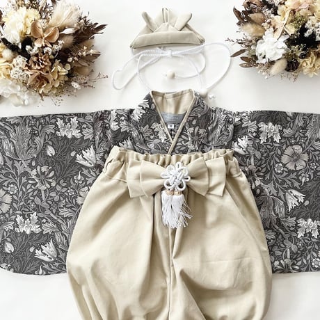 《60-120》William Morris エボニースイート【スチールグレー】✖︎ミルクティーベージュ　フリルかぼちゃパンツ袴orフリルパンツ袴