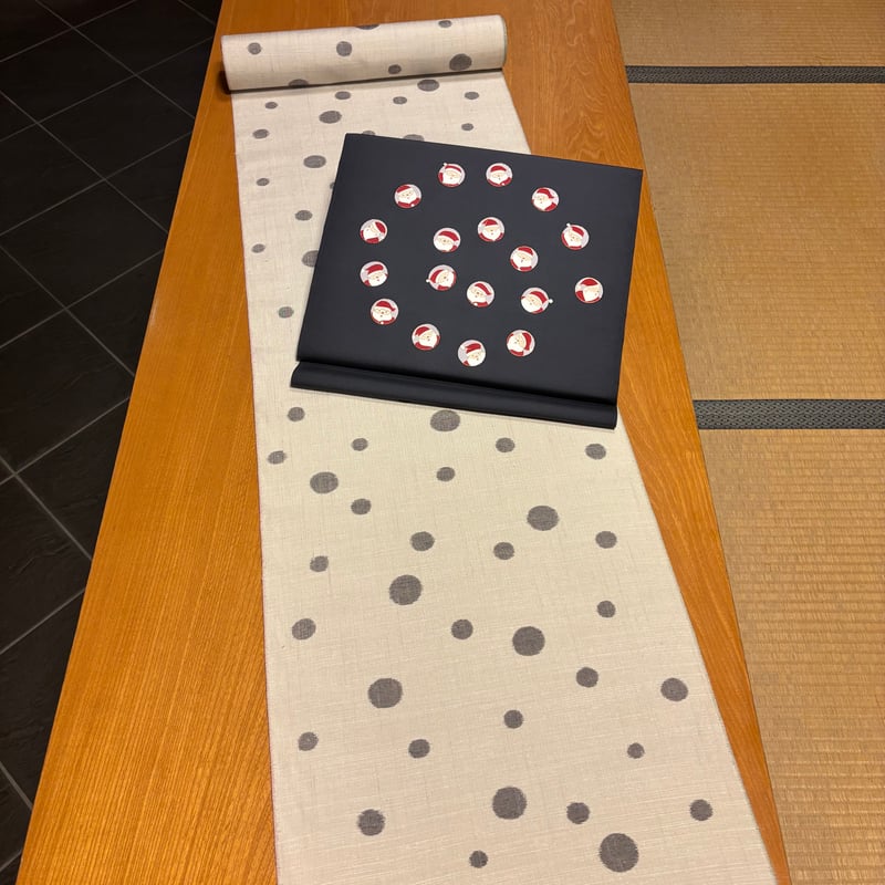 クリスマス　名古屋帯 X'masの新塩瀬帯「グリーンクリスマスツリー」 白地｜洗える帯 名古屋帯