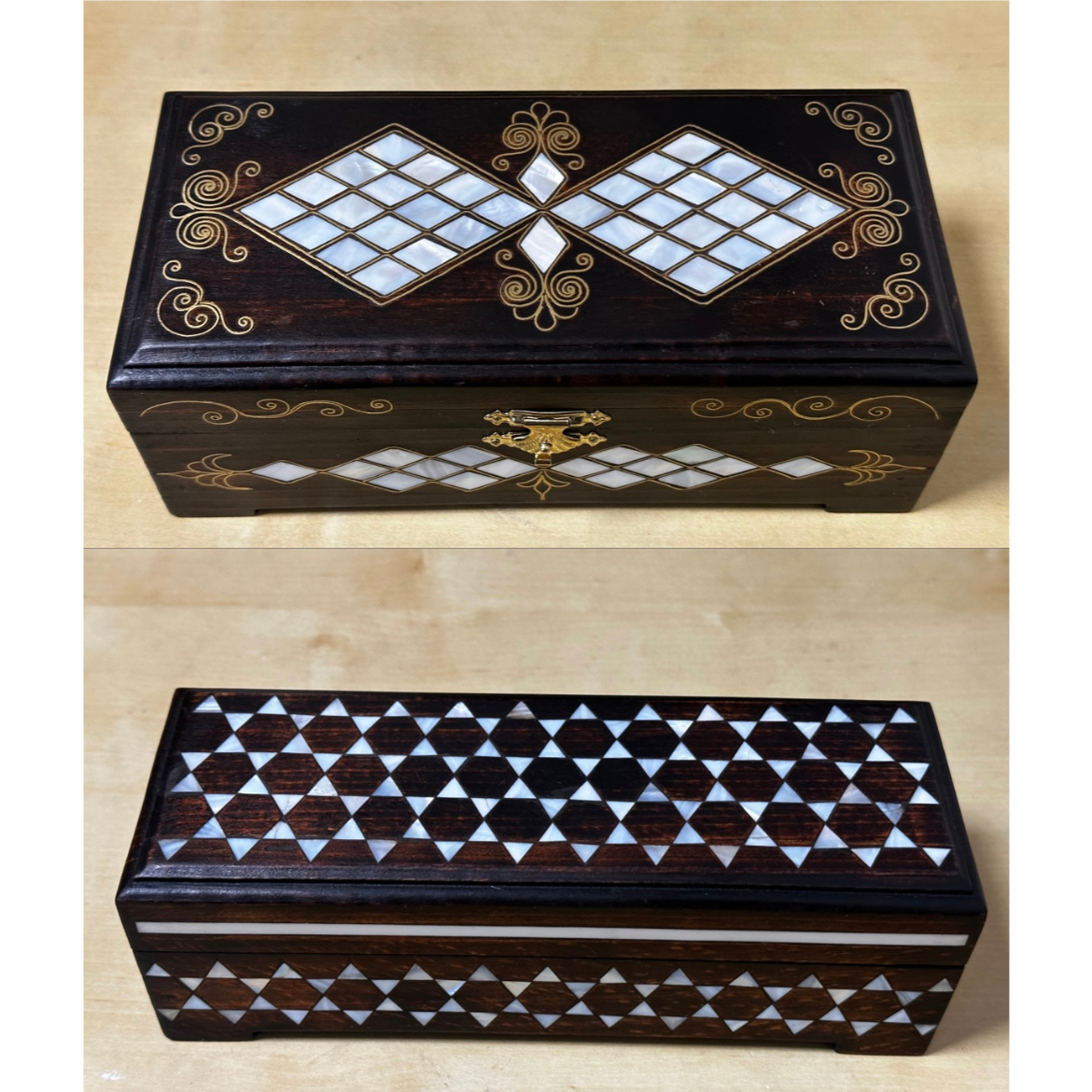 箱根寄木細工小物入れ・ジュエリーBOX・ミラー付き・箱入 ダマシュキエ