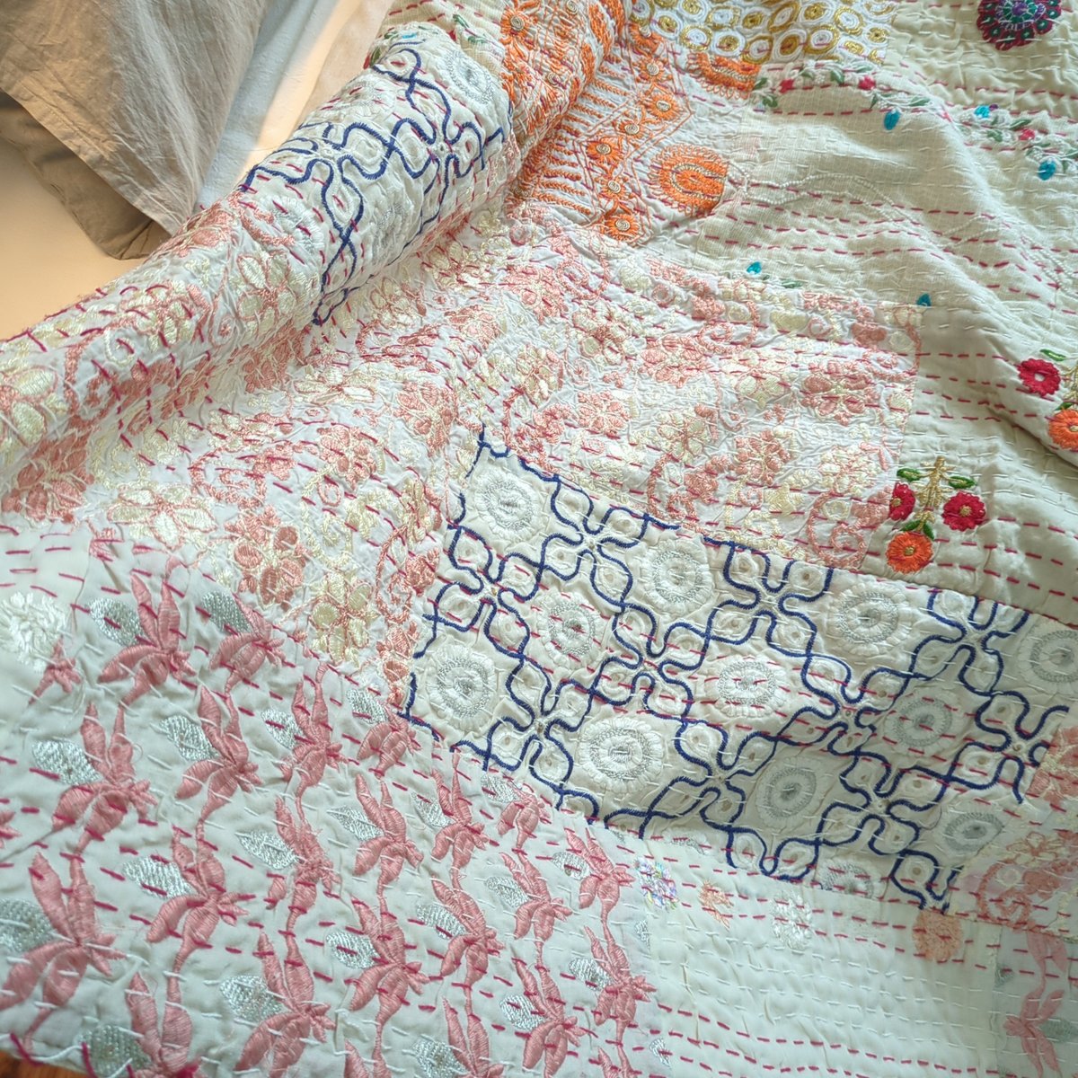 L】ホワイト✕ピンク✕オレンジ カンバディアキルト 363 | Adlang