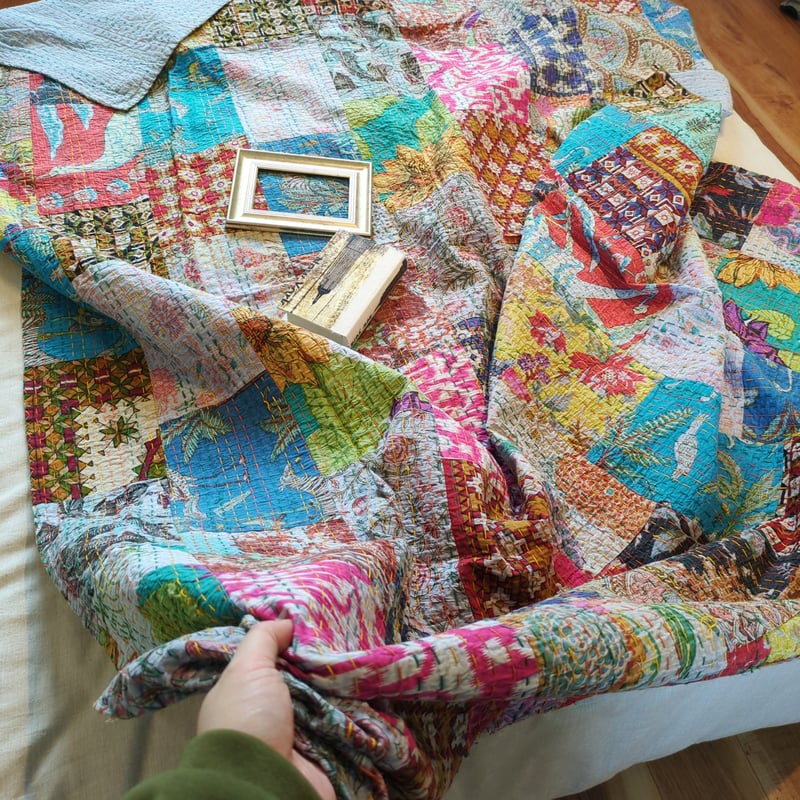 M】くすみカラー プリント入 ストーンウォッシュカンタキルト