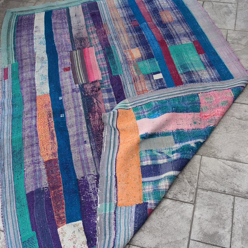 夜空のチェック柄 ヴィンテージカンタキルト ラリーキルト インド伝統