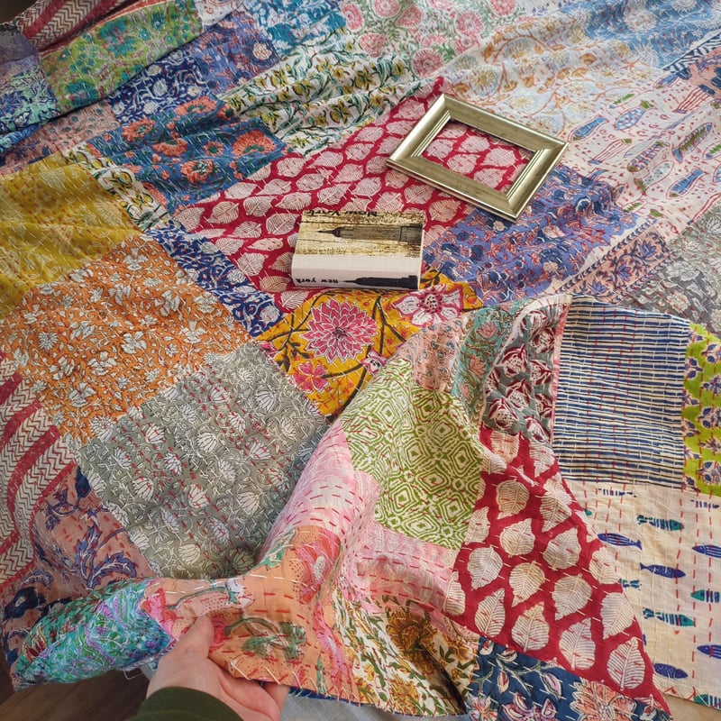 L】花の海 ブロックプリント パッチワーク カンタキルト 319 | Adlang