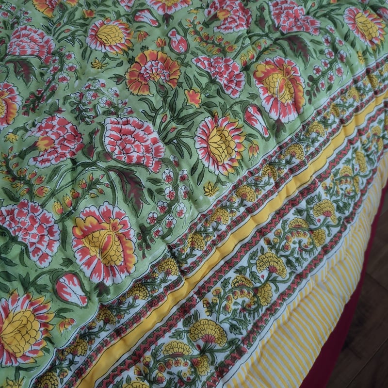 M】グリーンガーデン シングル ブロックプリント ジャイプリキルト 393