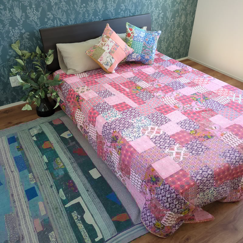 L】中綿入り リバーシブル ハンドメイド ラグ ベッドパッド 手作り 396