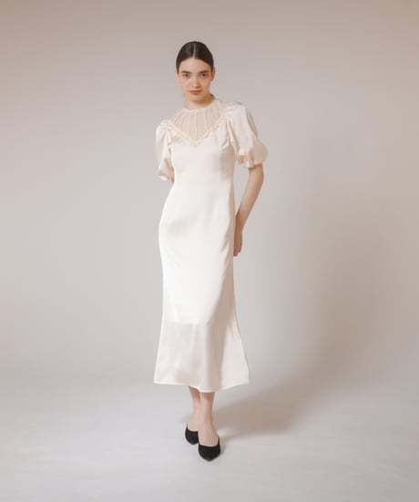 satin and chiffon dress  [ecru]